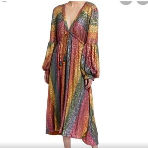 Farm Rio Rainbow Sequins Midi V-Neck Dress L